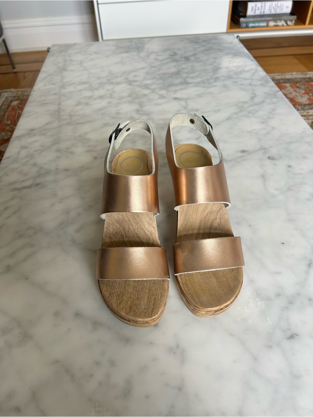 No. 6 Metallic Rose Gold Leather Platform Sandals